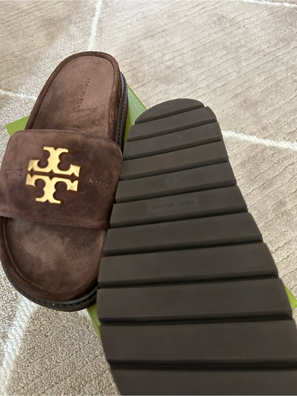 Tory Burch Brown Suede Slide Sandals with Gold Logo Accent - Picture 3 of 5